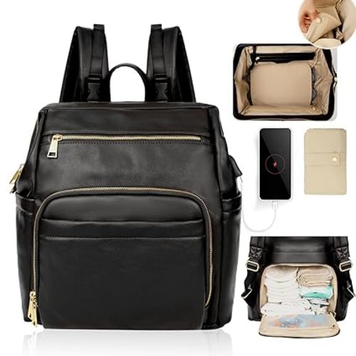 Omanmoli Diaper Bag Backpack Leather Large Baby Diaper Bag Essentials With 18 Organizing Pockets,6 Insulated Pockets,USB Charging Port,Stroller Straps,Changing Pad (Black)
