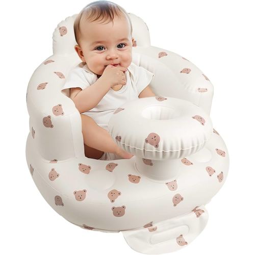 Inflatable Baby Chair with Tray for Babies 3 Months & Up, Blow Up Baby Seat with Built in Air Pump, Sit Me Up Floor Baby Seats for Infants for Sitting Up - Bear Head with Tray