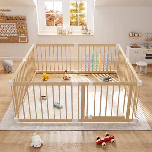 IKALIFE Large Wooden Baby Playpen - Size Adjustable Fence for Babies and Toddlers, Baby Play Yard with Locking Gate, Indoor Play Pen for Kids Activity Center 63.563.5