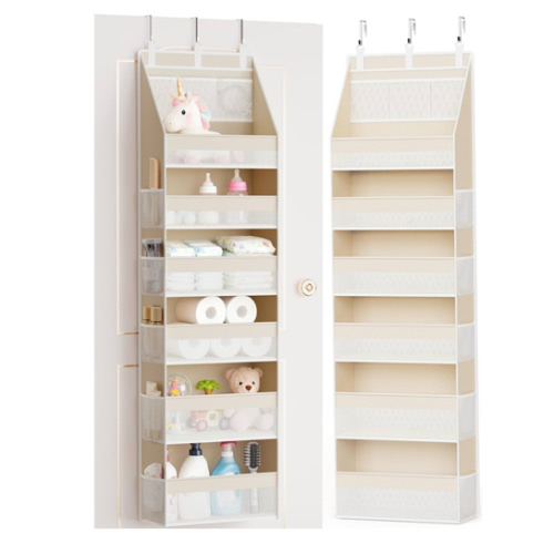 Criusia Over the Door Organizer, 6-Shelf Closet Hanging Storage with 13 Mesh Pockets, 55lbs Capacity Behind the Door Storage for Baby Nursery, Bathroom, Bedroom, and Dorm, Beige