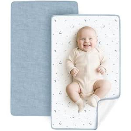 Konssy 2 Pack Waterproof Muslin Portable Changing Pad, Diaper Changing Mat | Soft & Foldable, Cotton Surface with Terry Backing & Waterproof Lining, for Baby Girls & Boys, 30"x17" (Blue,Dreamfield Sky)