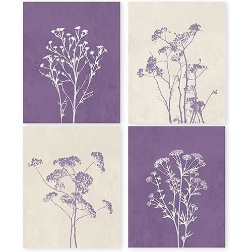 HRQKO Purple Flower Wall Art Poster Prints Set of 4, Purple Wall Decor, Purple Floral Artwork Prints Posters Wall Decor, Boho Botanical Plant Prints for Bedroom Office Living Room 8”x10” Unframed