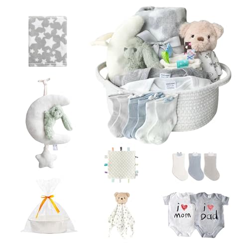 CREVENT Gift Set for Girls Boys -Diaper Caddy Organizer Basket with 1 Blanket, 1 Taggie, 1 Lovey, 3 Socks，2 Baby Bodysuits, 1 Crib Mobile, 1 Gift Bag - Newborn Essential