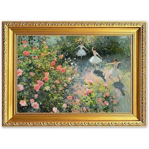 Gold Framed Vintage Dancing Girls Canvas Wall Art, English Cottage Rose Garden Painting Picture Wall Decor, Ballerina Poster Print Artwork for Girls Bedroom, Dancing Classroom, Home Decoration 9x11in