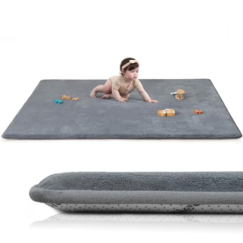 Huloo Sleep Baby Play Mat for Floor,1.3" Thick Elasti-Foam 50"×74" Playpen Mat for Tummy Time,Water Repellent Soft Coral Velvet for Toddler,Infant,Kids,Non-Slip Backing Safe for Crawling(Dark Grey)