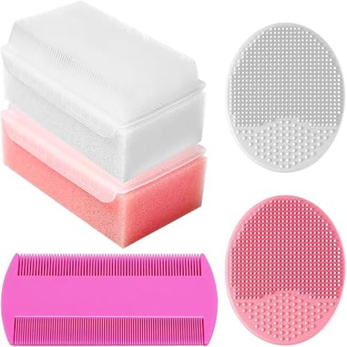 Cradle Cap Brush for Babies, Baby Bath Essentials with Silicone Scrubber Bath Sponge Dual-Sided Comb for Newborns Toddlers Boys Girls (Pink, Set of 5)