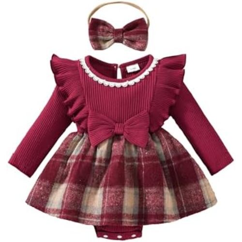 Newborn Baby Girl Spring Outfits Infant Ribbed Romper Dress Ruffle Long Sleeve Clothes Jumpsuit with Bow Headband
