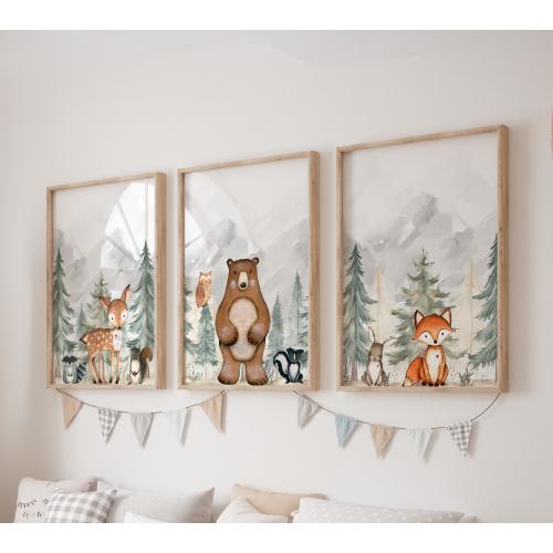 Set of 3 Bear Prints, Rabbit Wall Art Set, Squirrel Posters, Modern Art, Fox Kids Bedroom Decor, Deer Boy Nursery Decor, Playroom Prints