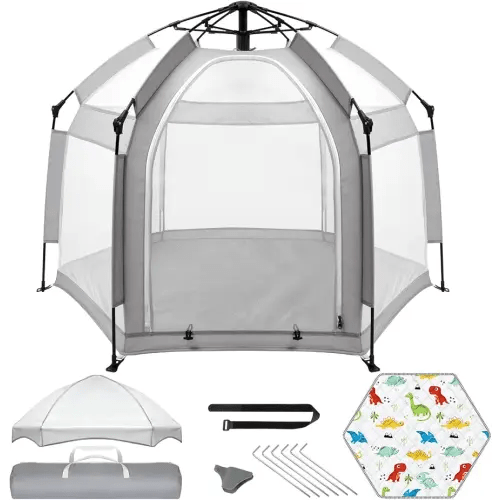 Palopalo Pop Up Baby Playpen with UPF50+ Canopy & Mat, Indoor & Outdoor Foldable Play Pen for Babies and Toddlers, Portable Baby Beach Tent with Travel Bag, Pop Up Pack and Play Yard, Grey