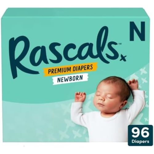 Rascals Premium Disposable Baby Diapers Newborn - 96 Count with 5 Sensitive Infant Wipes, Absorbent Core, Up to 12 Hours Protection, Gentle on Skin, Secure Fit
