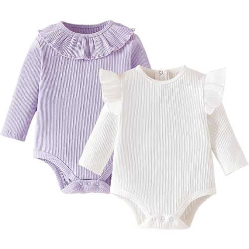 ROMPERINBOX Baby Girl Bodysuit 2 Pack, Long Sleeve Ribbed Knitted Onsies Ruffle Collar and Flutter Sleeve Fall Winter Clothes