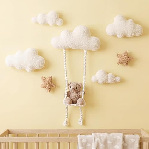 Chumia 7 Pcs Teddy Bear Nursery Wall Decor Swing Teddy Bear Nursery Wall Art with Clouds Star Soft Plush Baby Room Decor Gender Neutral for Bedroom Playroom Decoration