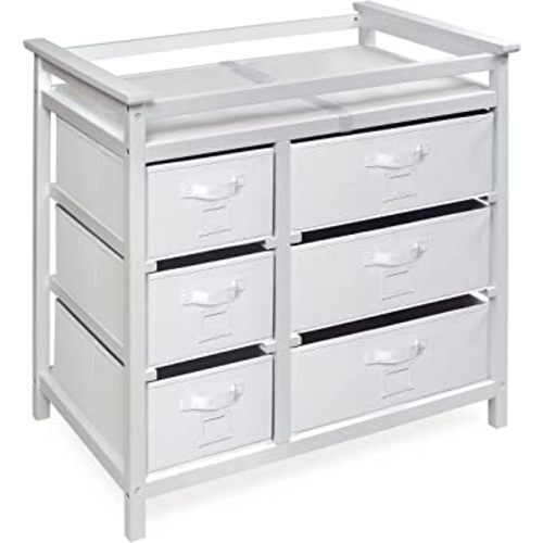 Badger Basket Modern Baby Changing Table - Diaper Station Organizer with 6 Storage Drawers, Reversible Baskets, Safety Rails - Baby Nursery Furniture with Changing Pad and Belt - White