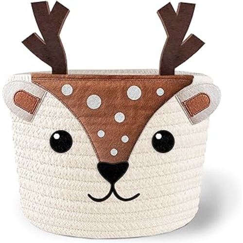 Cute Deer 100% Cotton Rope Baby Laundry Basket for Boys & Girls, Woodland Nursery Decor, Nursery Storage Basket for Essentials like Diapers, Wipes, Towels, Perfect for Baby Shower Gifts, Machine Wash