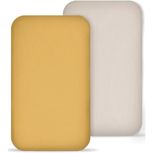 Muslin Bedside Bassinet Sheets 2 Pack, 33x20 Fitted Ultra Soft & Breathable Bedside Sleeper Sheets, Ideal for Baby Girl and Boy, Perfect for Newborns (Beige & Mustard Yellow)