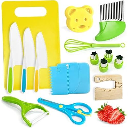 Chanking 17 Pieces Kids Safe Knife Set for Real Cooking Child-Friendly Plastic Chef Tools Montessori Kitchen Toys for Toddlers Birthday Gifts for Boys and Girls Ages 4+ (A)