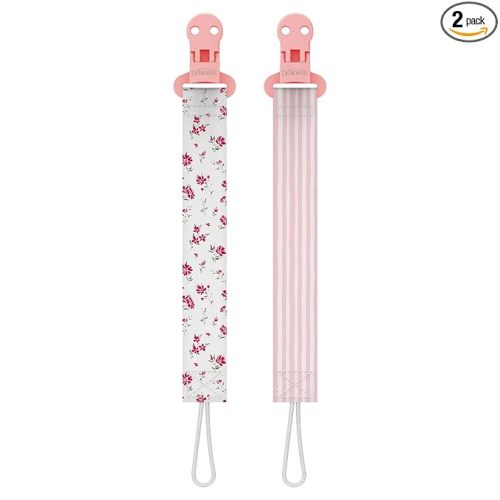 Dr. Brown's Pacifier Clips, Universal Fit Fabric Strap for Pacifiers, Flowers and Stripes, BPA-Free, 0-18 Months, 2-Pack