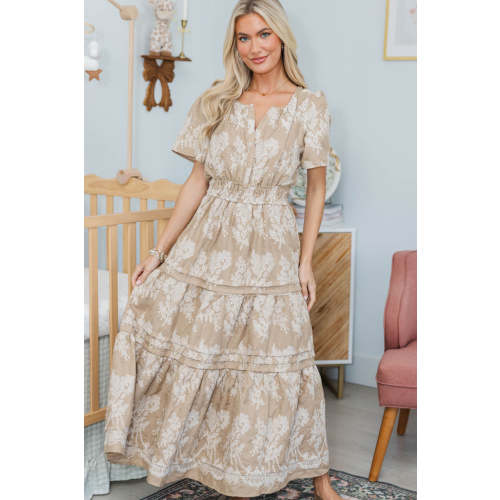 NURSING COLLECTION: All In The Air Taupe Embroidered Maxi Dress