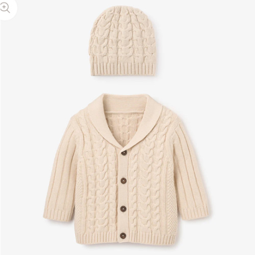 Wheat Horseshoe Cable Knit Cardigan & Hat Baby Boxed Gift Set – Elegant Baby