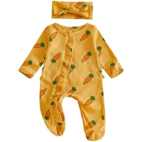 Ayalinggo Newborn Baby Romper Infant Girl One-piece Outfit Waffle Ruffle Zip Footie Spring Summer Clothes With Bow Headband