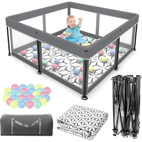 Foldable Baby Playpen with Mat - Portable,Spacious & Sturdy Playpen for Babies and Toddlers,Quick 1-Minute Setup,Travel-Friendly, Collapsible Play Pen for Indoor and Outdoor Use (Grey, 50x50 inches)