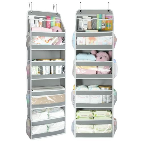 Yecaye 5 Tier 2 Pc Over the Door Organizer, Swing-proof Door Organizer Hanging with Clear PVC Windows, Behind the Door Storage for Bedroom Nursery Closet Laundry Pantry Bathroom, Grey