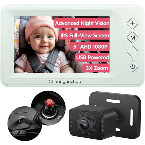 Baby Car Camera with Advanced Crystal-Clear Night Vision, 3X Zoom, USB Powered, 5'' AHD 1080P IPS Car Baby Monitor, Backseat Camera for Kids Infants Rear Facing Mirror, 5inch, Green