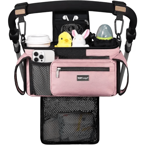 TOPDesign Universal Baby Stroller Organizer, Stroller Caddy with Detachable Mesh Bag & Heightened Insulated Cup Holders & Non-Slip Secure Hooks Accessories, Fits Most Strollers (Pink)