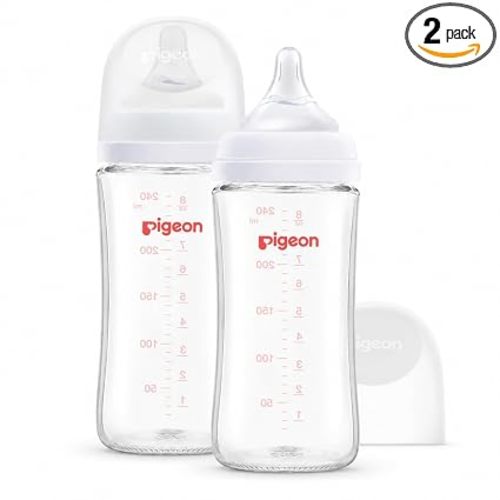 Pigeon Glass Nursing Bottle Wide Neck, Anti-Colic, Streamlined Body, Natural Feel, Easy to Clean, Heat-Resistant, 8.1 Oz (Pack of 2), Includes 2pcs M Nipples (3m+)
