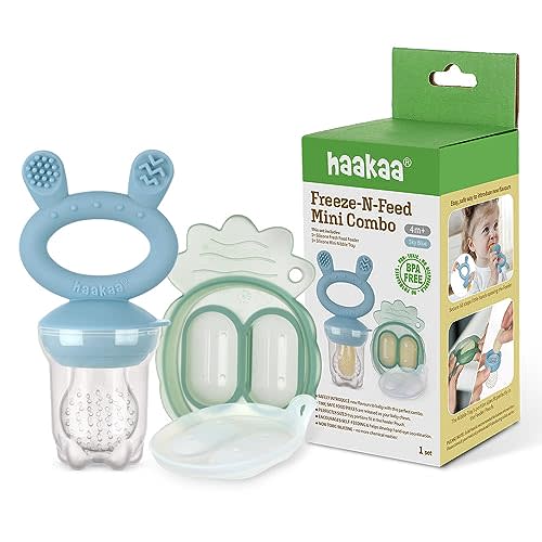 Haakaa Freeze-N-Feed Mini Combo – Baby Feeder – Silicone Nibble Tray – Breastmilk Popsicle Mold - Ideal for Self-Feeding & Teething Relief – 100% Food-Grade Silicone (Sky Blue)