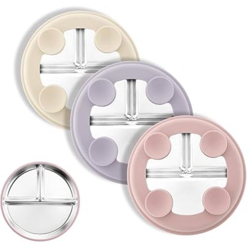 Stainless Steel Suction Plates for Toddlers, 8" Divided Kids Baby Plates with Removable Silicone Suction, Non Toxic Non Slip Portion Control Snack Dishes 3 Packs, Pink Beige Lilac