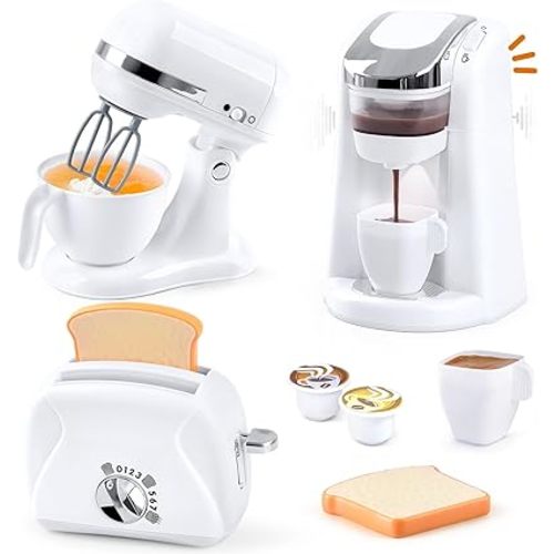 Play Kitchen Appliances Toys, Kids Kitchen Playset Accessories, Pretend Play Toy Sets with Coffee Maker, Mixer, Toaster with Realistic Lights & Sounds, Gifts for Boys Girls Toddlers Ages 3+, White