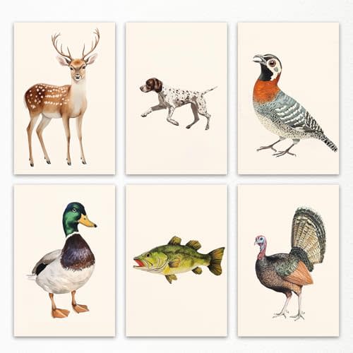 Nursery Animal Canvas Wall Art, Mallard Duck Hunting Poster, Deer Wall Art, Fish Fishing Wall Decor, Set of 6 Watercolor Animals Painting for Kids, Dog Bird Turkey Print Cabin Art 8x12in Unframed