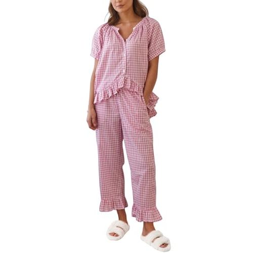 Gihuo Gingham Pajama Set for Women 2 Piece Plaid Cotton Button Down Top and Pants Ruffle Babydoll Pjs Lounge Sets