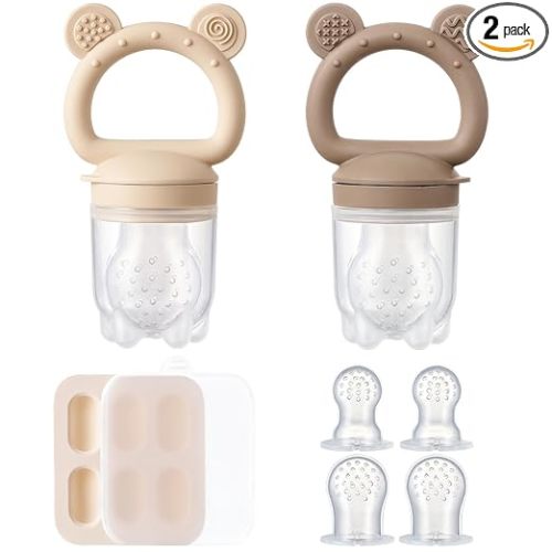 2 Pack Silicone Baby Fruit Feeder with Mini Freezer Tray, Breastmilk Popsicle Molds for Baby Teething Relief, Teethers, Fresh Food Feeder for Safe Infant Self Feeding, Extra Food Pouches - Chocolate