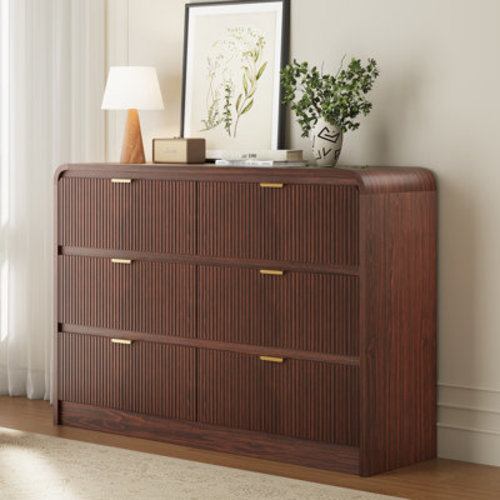 Ebern Designs Fluted 6 Drawers Dresser for Bedroom, 54" Wide Wooden Dresser with Metal Handle, Curved Profile Design, Modern Storage Organizer for Living Room, Hallway & Reviews | Wayfair