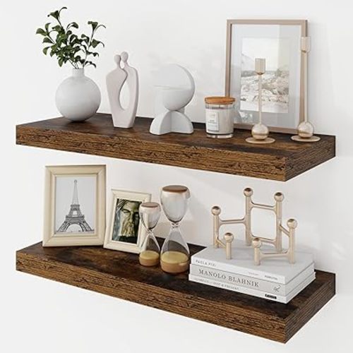 24 Inch Floating Shelves, 9.3" Deep Floating Shelf Wall Mounted, 24" Wall Shelves, Rustic Deep Bookshelf, Large Display Shelves & Storage Shelves for Bedroom, Living Room, Brown, Set of 2