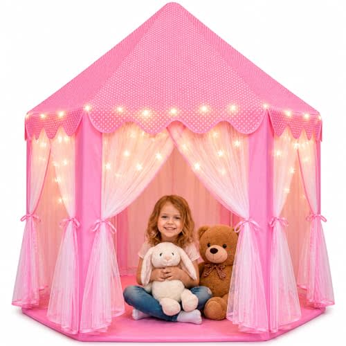 ORIAN Princess Tent for Girls, Kids Pink Play Tent, Ages 2–7, 55" x 53" | Children's Large Playhouse for Girls and Toddlers, Indoor & Outdoor Play Castle, With LED Star Lights