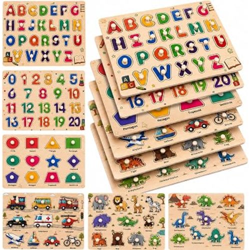 Wooden Peg Puzzles for Kids Ages 3-5, 6 Pack Large ABC Alphabet Number Shape Animal Dinosaur Vehicle Puzzle Set, Preschool Learning Toys, Montessori Educational Gifts for 3 4 5 Boys Girls