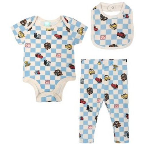 Disney Cars Baby Boys' Allover Print Ribbed Creeper Elastic Waist Pants and Bib Outfit McQueen Mater Blue 0-3 Months