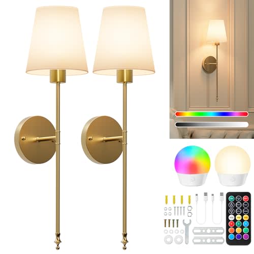 Brightown Battery Operated Wall Sconces Set of 2, Cordless Wall Lights with Rechargeable Bulbs and Remote, 12 Lighting Colors and Dimmable, Battery Powered Wall Lights for Bedroom Living Room, Gold