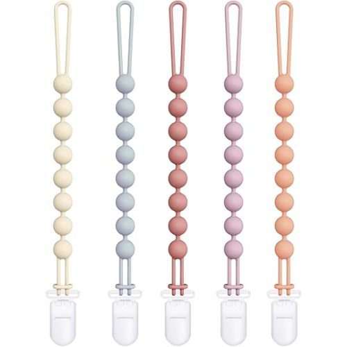 Cuddle Campus Silicone Pacifier Clip Holder with One Piece Design, Pack of 5 Soft Flexible Binky Clips for Baby Boy and Girl Set 5((3M+ Plastic Clip)