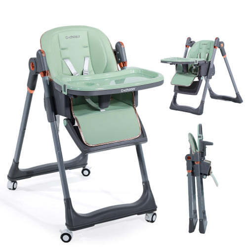 Cochildor Baby High Chair, 3-in-1 Foldable Booster Seat with Adjustable Height, Recliner, 5-Point Safety Harness, Removable Tray, Lockable Wheels, Easy Clean-Colors: Green, White, Black