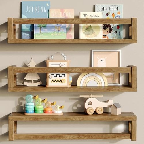 3Pack Nursery Book Shelves, Solid Wood Floatingshelf for Wall, Walnut Brown