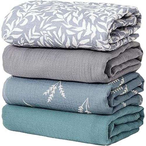 Happy Flute 4Set Muslin Swaddle Blankets–Ultra Soft Baby Blanket for Newborns,Receiving Blankets for Baby Girls & Boys–Baby Essentials 0-3 Years,40x40inches (Leaf)