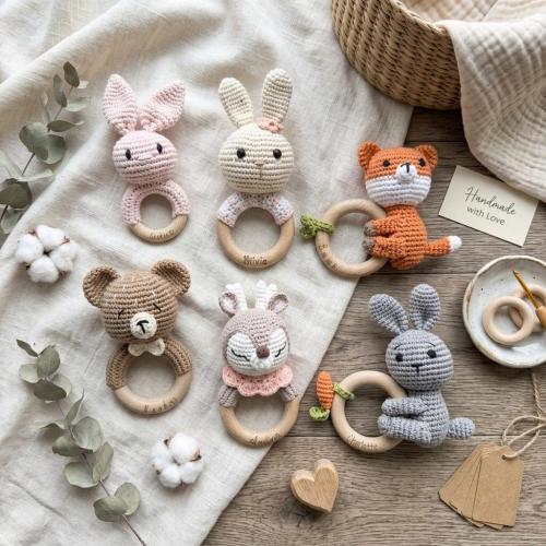 Personalized Baby Rattle, Custom Name Engraved Wooden Teether Ring, Handmade Newborn Gift, Organic Cotton Sensory Toy, Baby Shower Gift