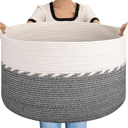 OIAHOMY 125L Extra Large Blanket Basket, 25" x 16", Jumbo Laundry Hamper, Cotton Rope Basket with Handles,Baby Toy Storage Bins,Black