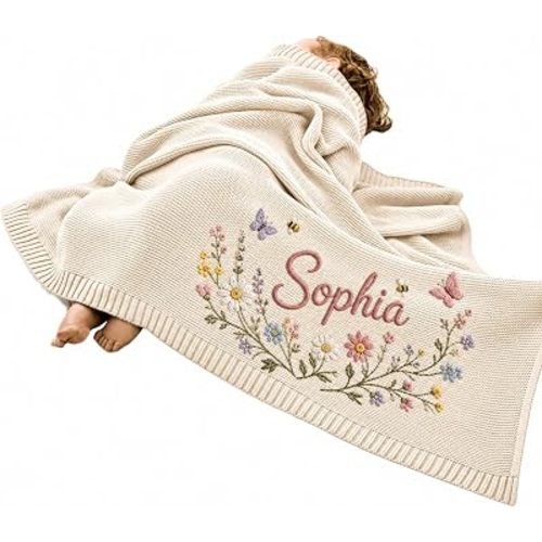 Personalized Floral Wreath Baby Blanket, Custom Name Embroidery with Butterflies & Bees, Soft Knit Newborn Keepsake