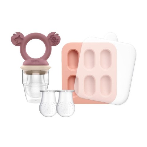 Cherub Baby Silicone Baby Fresh Food Feeder + Nibble Tray + Replacement Net 2PK Bundle - Dusty Rose & Sand (BW)