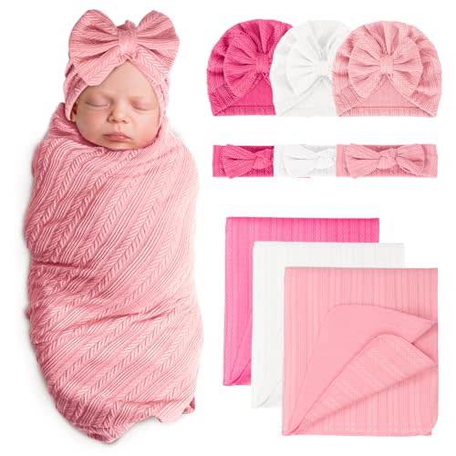 Newborn Receiving Blanket with Bow Hat Headband Set Wheat-Pattern Newborns Toddler Baby Boy Girl Nursery Swaddle Wrap